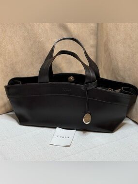 Furla Brown Genuine Leather Satchel Top Handle Bag Italy Silver Tone